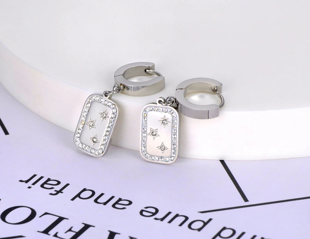 Titanium Stainless Steel Rhinestone Star Earrings Fashion Geometric Rectangle Hoop Earrings Jewelry for Women Girl E22075