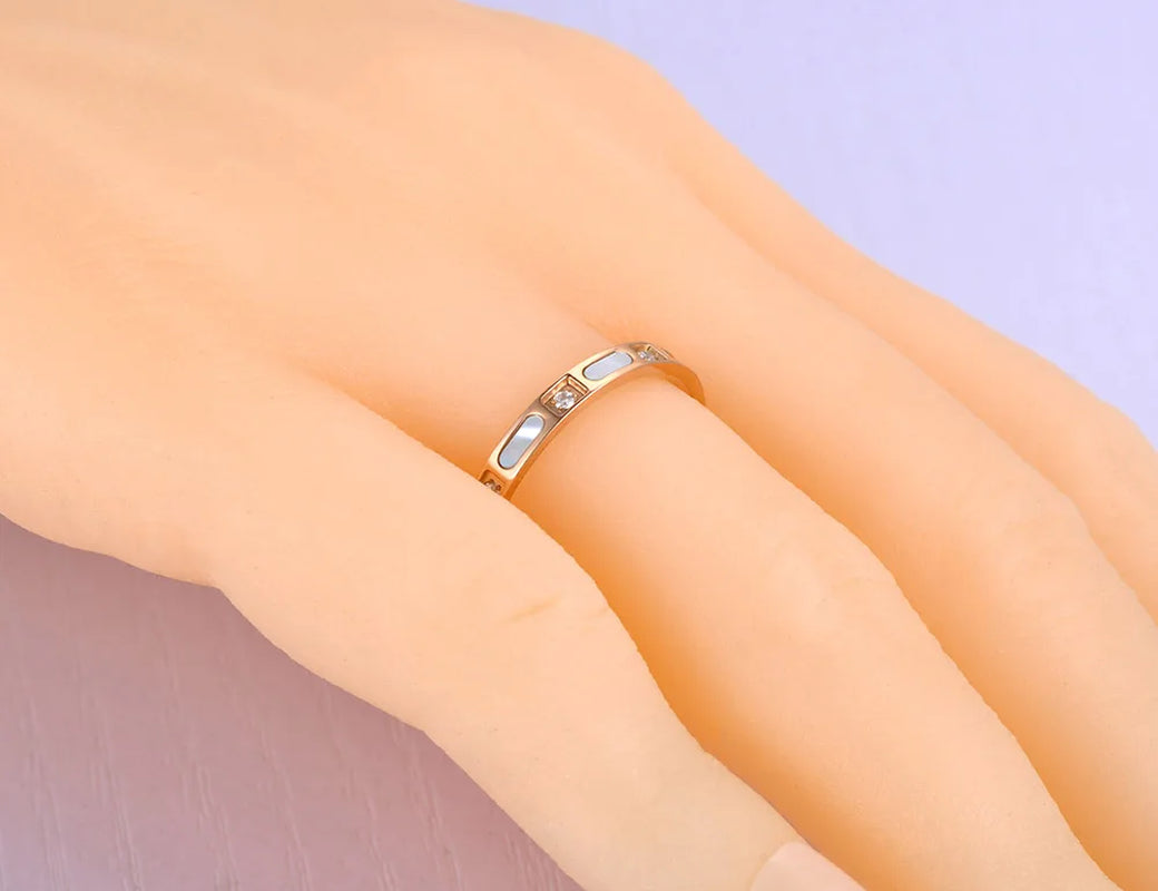 Titanium Stainless Steel Fine Brand White Shell Rings CZ Crystal Bridal Wedding Engagement Ring Jewelry for Women R20068