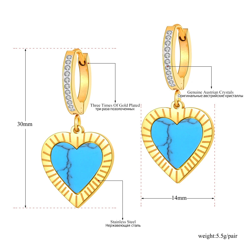 Trendy Titanium Stainless Steel Turquoise Heart Hoop Earring Classic Rhinestone Wedding Earrings Jewelry for Women E22065