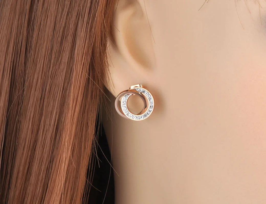Trendy Stainless Steel Clay Crystal Double Circles Stud Earrings Jewelry Vintage Earrings for Women Girls E19091