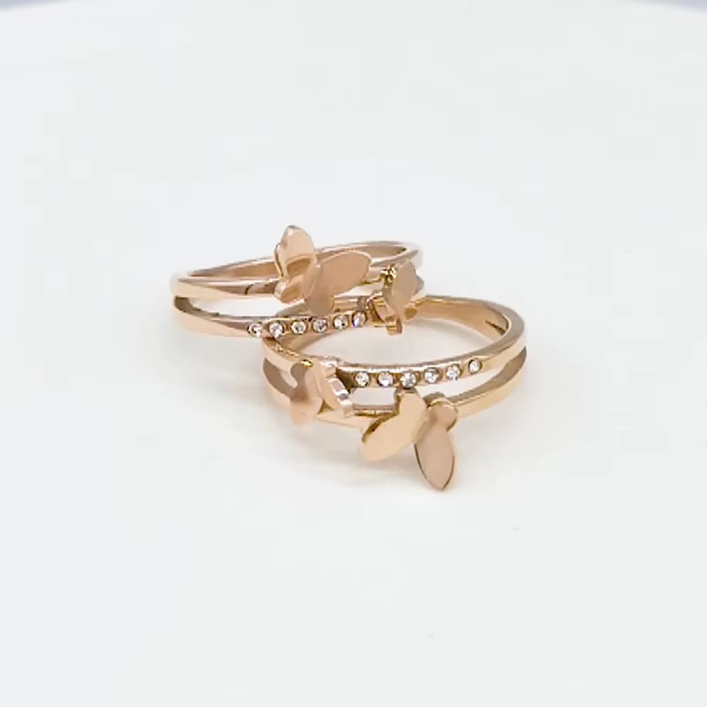 OL Design Stainless Steel Double Butterfly Ring Rose Gold Plated Micro Pave CZ Crystal Anniversary Rings for Women R19020