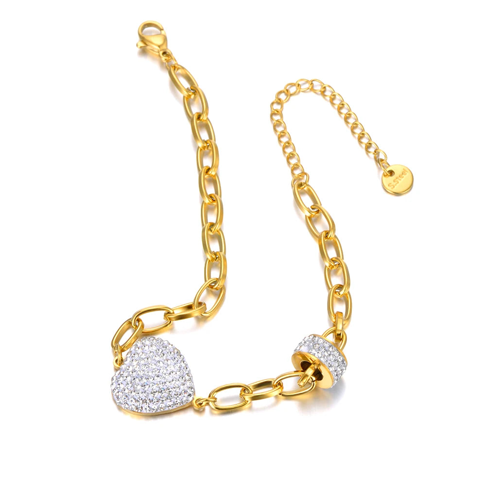 Sparkling White Rhinestone Heart Wedding Bracelets for Women Girls Stainless Steel Snake Chain Bracelet Браслеты B22105