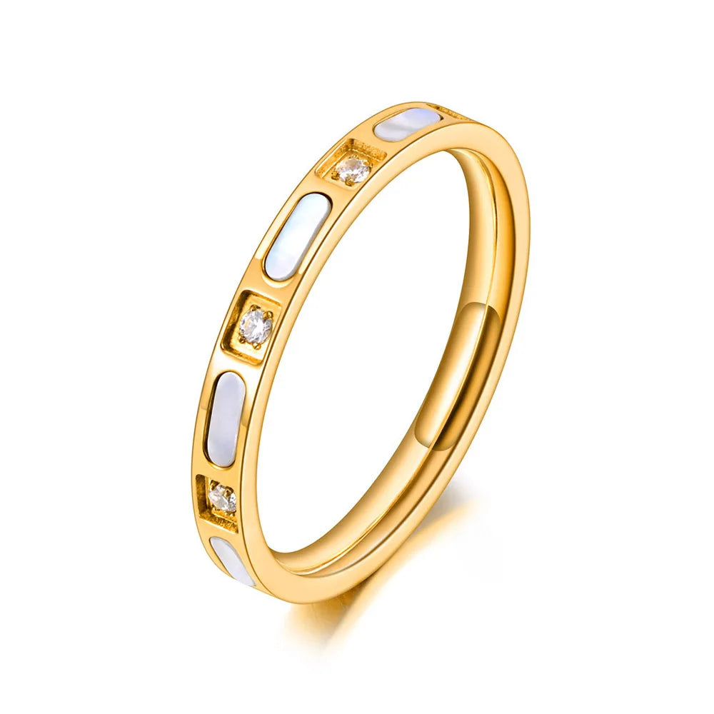 Titanium Stainless Steel Fine Brand White Shell Rings CZ Crystal Bridal Wedding Engagement Ring Jewelry for Women R20068