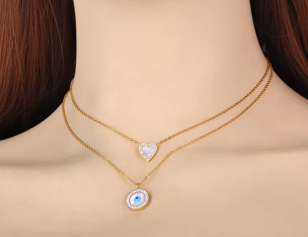 Titanium Stainless Steel Pendant Necklace Fashion Double Layer Heart Turkey Eye Charm Choker Necklace for Women N22062