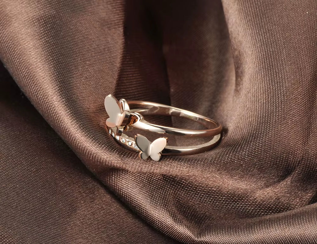 OL Design Stainless Steel Double Butterfly Ring Rose Gold Plated Micro Pave CZ Crystal Anniversary Rings for Women R19020