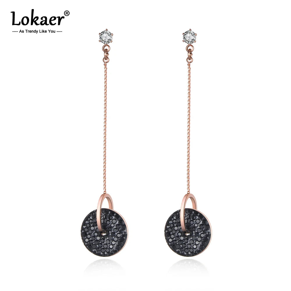 Bohemia Stainless Steel Double Circle Tassel Earrings Jewelry White/Black Shining Crystal Women Dangle Earrings E19115