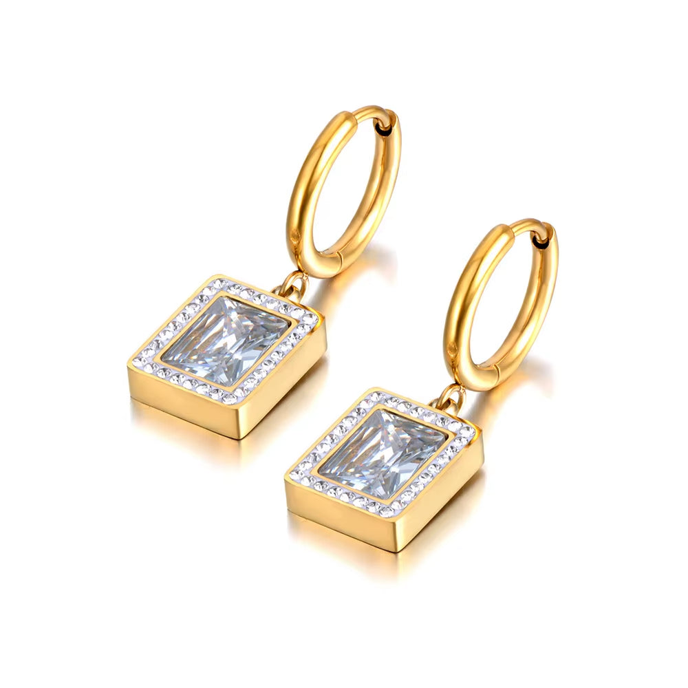 Titanium Stainless Steel Geometric Square Hoop Earrings Trendy Black Green Clear Cubic Zirconia Earrings for Women E22093
