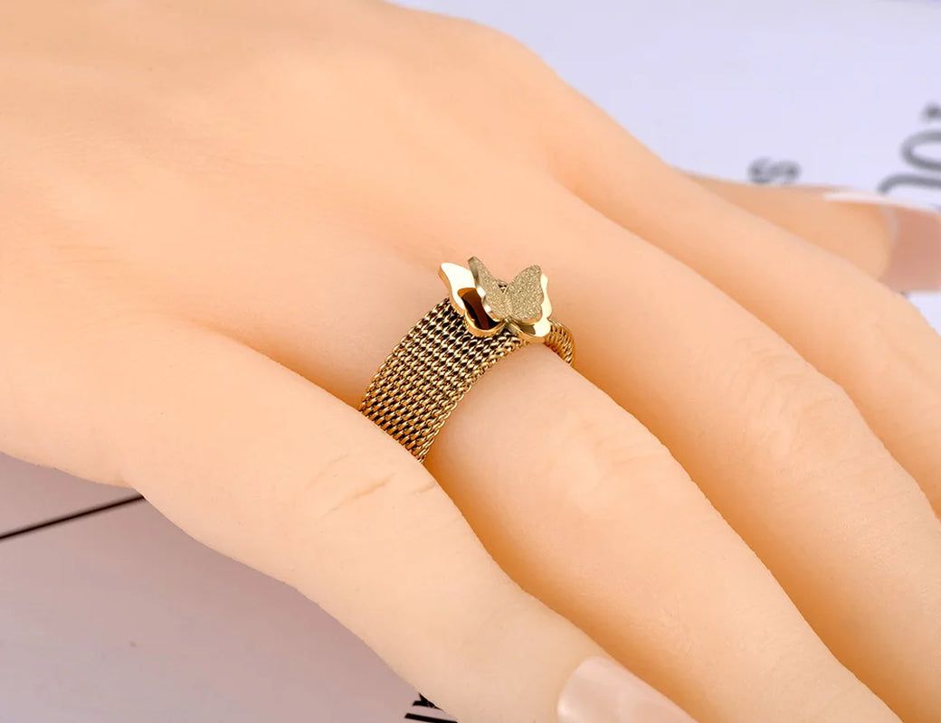 Trendy Titanium Stainless Steel Butterfly Animal Ring Gold Plated Bohemia Party Rings Jewelry for Women Кольца R21009