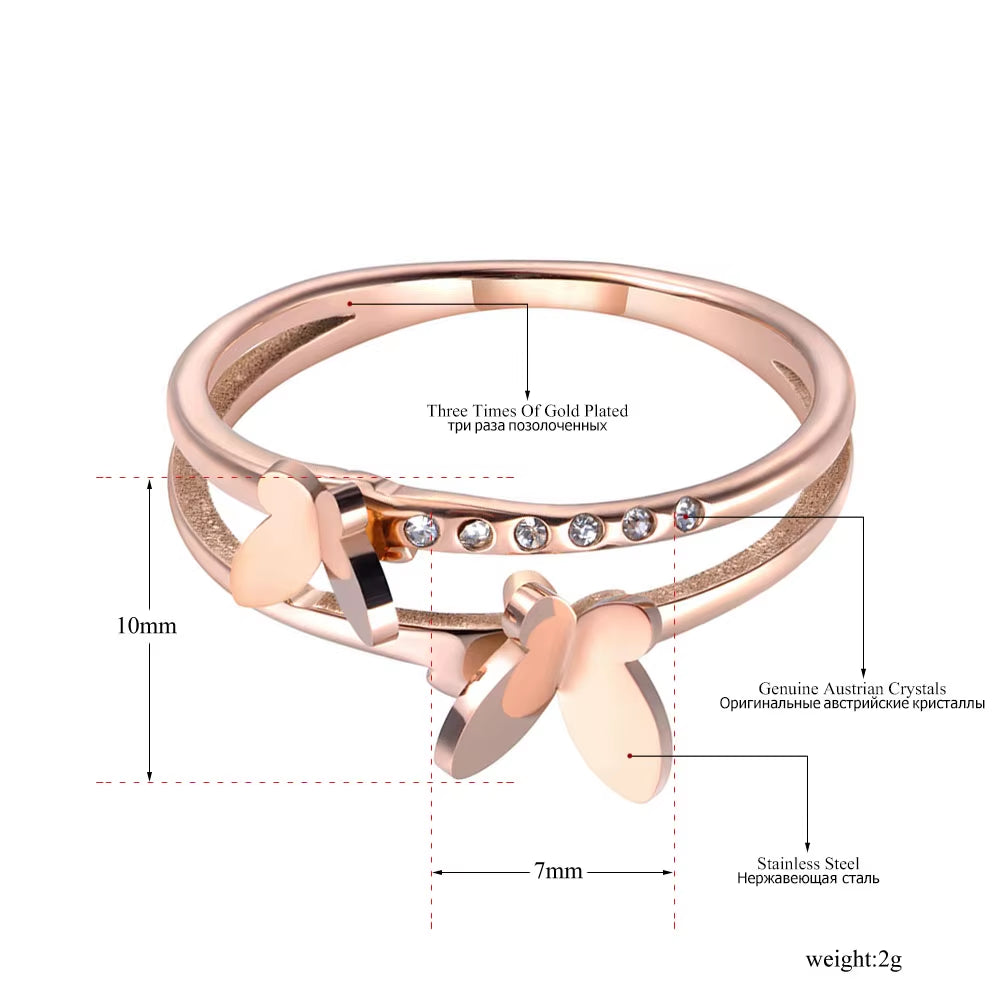 OL Design Stainless Steel Double Butterfly Ring Rose Gold Plated Micro Pave CZ Crystal Anniversary Rings for Women R19020
