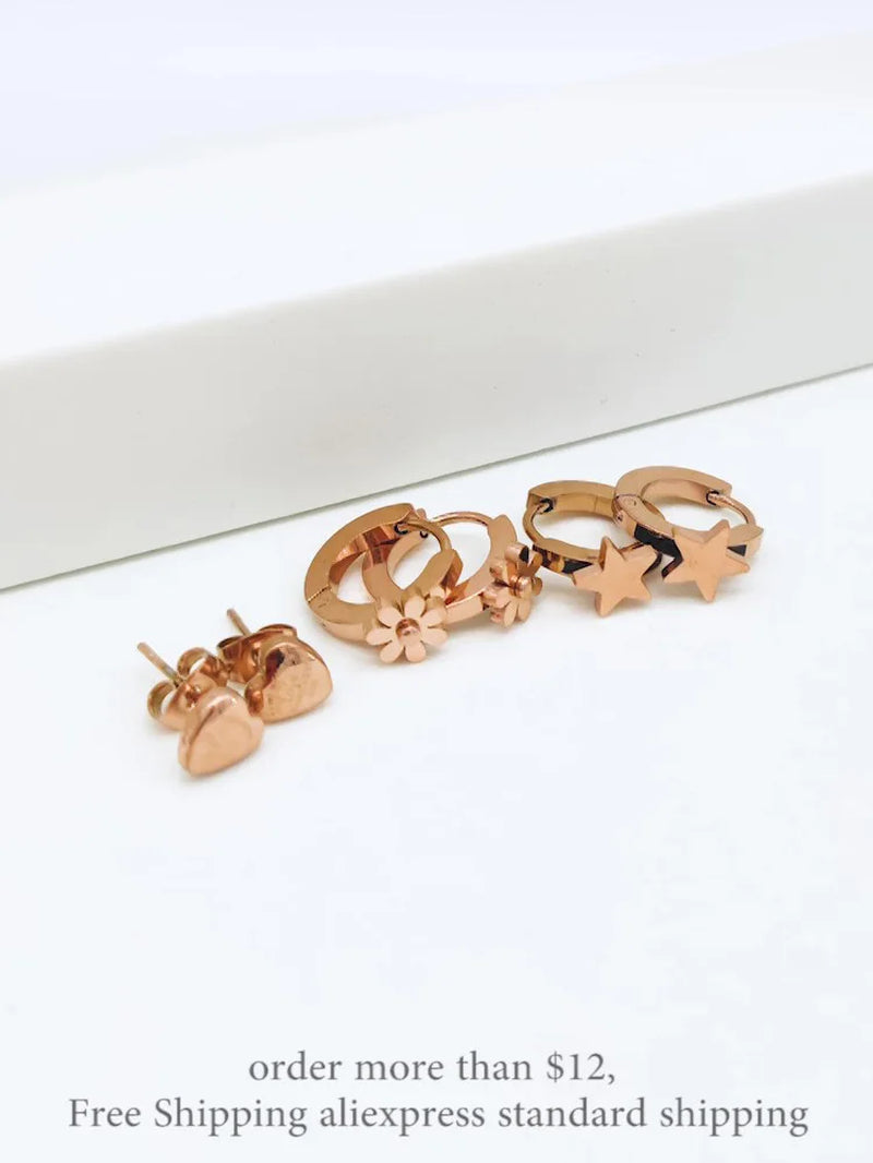 Trendy Titanium Stainless Steel Star Heart Flower Charm Earrings Jewelry 3Pair/Set Party Earrings for Women Girls E20222