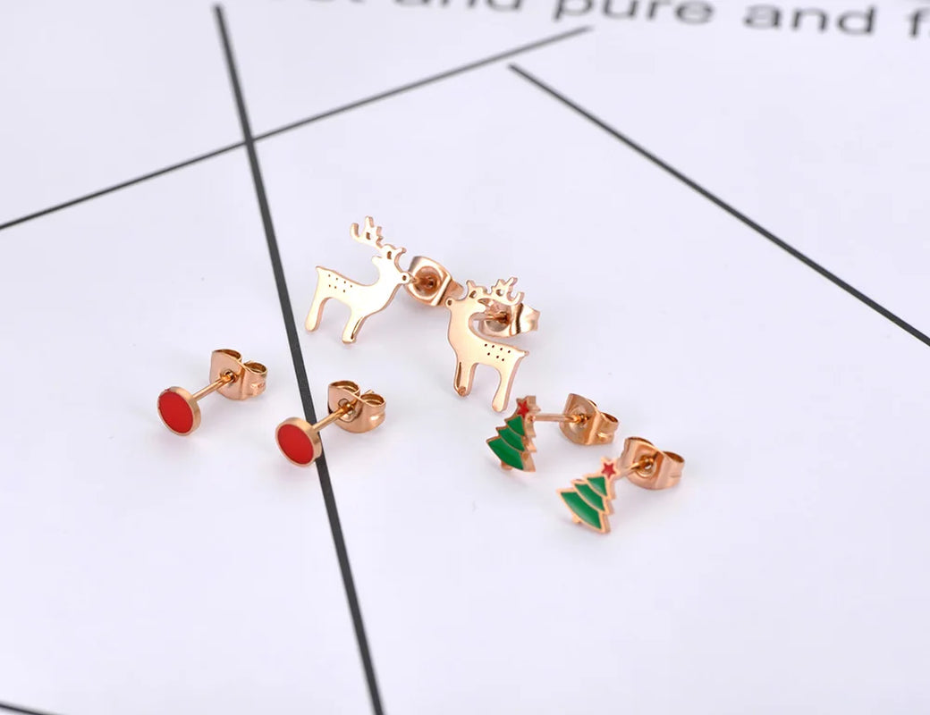 Trendy Titanium Stainless Steel Christmas Tree Reindeer Earrings 3Pair/Set CZ Crystal Earrings for Christmas Gifts E20163