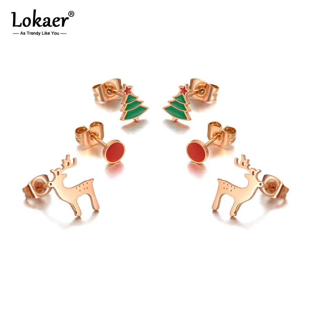 Trendy Titanium Stainless Steel Christmas Tree Reindeer Earrings 3Pair/Set CZ Crystal Earrings for Christmas Gifts E20163