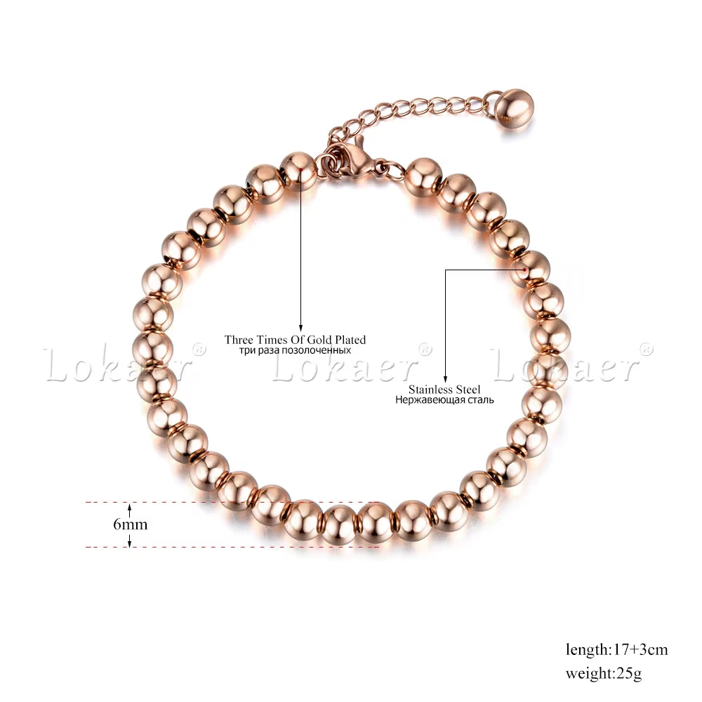 Classic Rose Gold Color 4/5/6Mm round Beads Strand Bracelets Bangle Stainless Steel Link Chain Bracelet for Women B18023