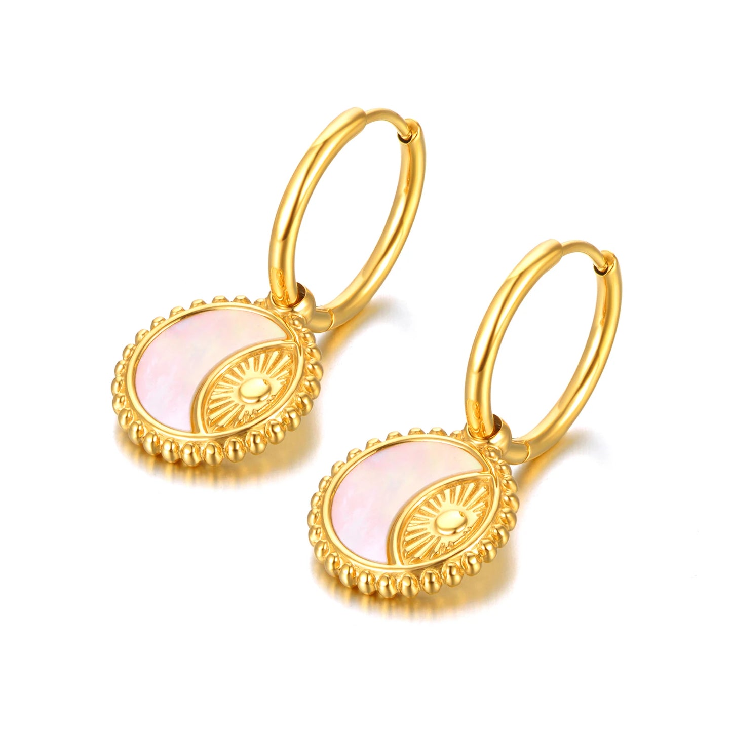 14K Gold Plated Hoop Earrings for Women Girl Stainless Steel Sun Moon Charm Hoop Earrings Jewelry Pendientes Mujer E22166