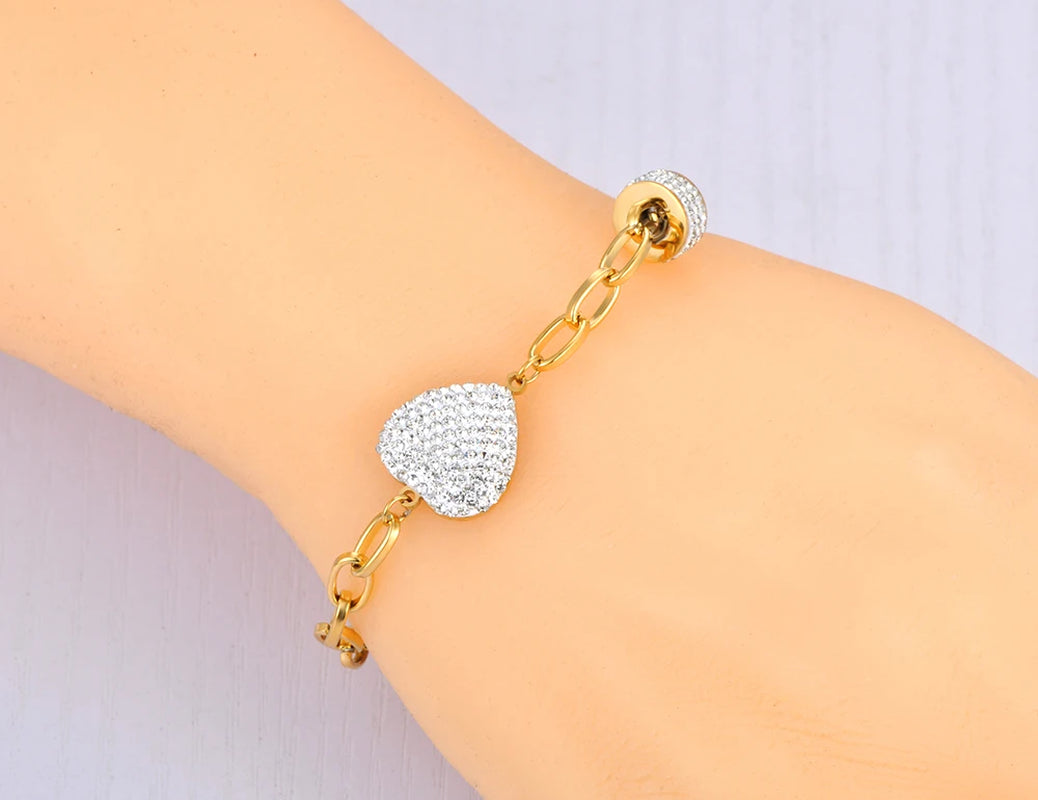 Sparkling White Rhinestone Heart Wedding Bracelets for Women Girls Stainless Steel Snake Chain Bracelet Браслеты B22105