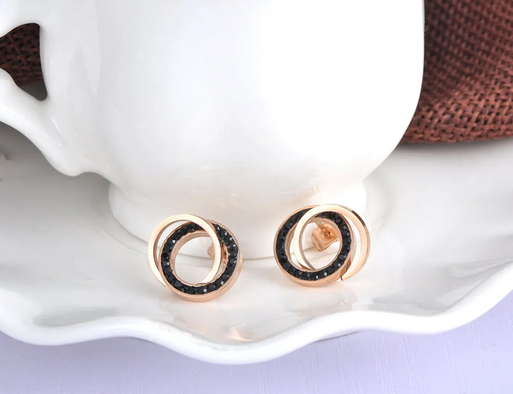 Trendy Stainless Steel Clay Crystal Double Circles Stud Earrings Jewelry Vintage Earrings for Women Girls E19091
