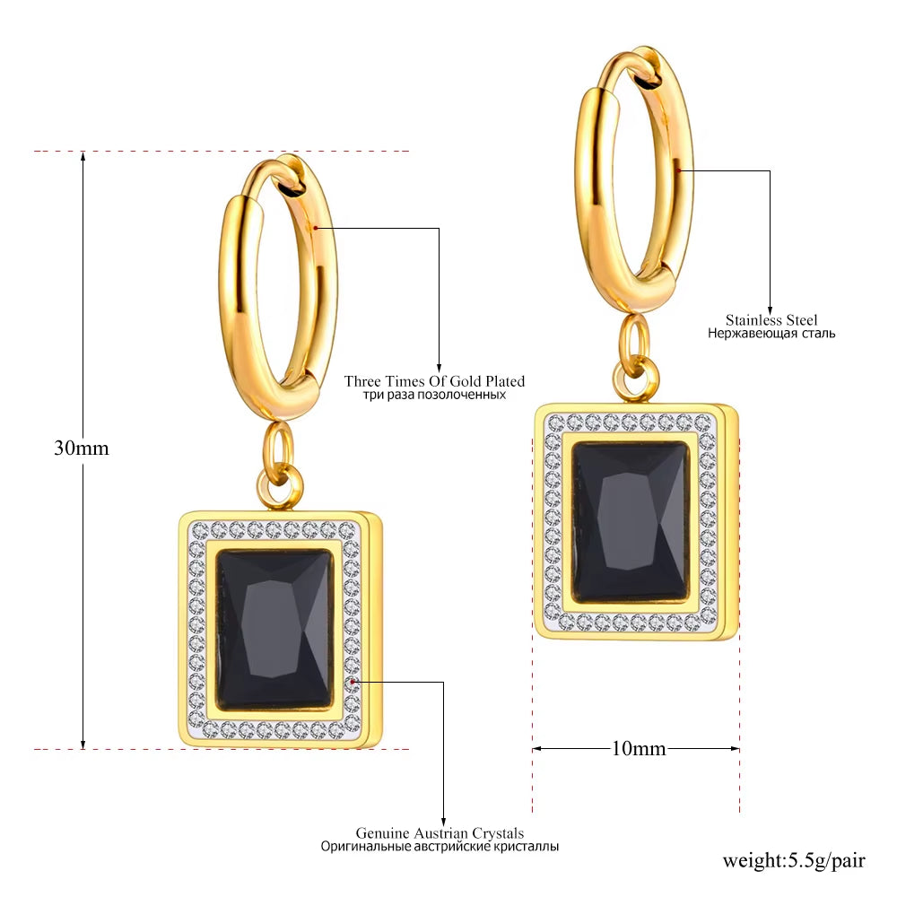 Titanium Stainless Steel Geometric Square Hoop Earrings Trendy Black Green Clear Cubic Zirconia Earrings for Women E22093