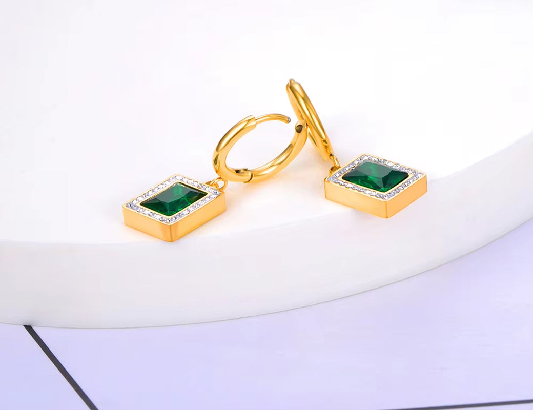 Titanium Stainless Steel Geometric Square Hoop Earrings Trendy Black Green Clear Cubic Zirconia Earrings for Women E22093