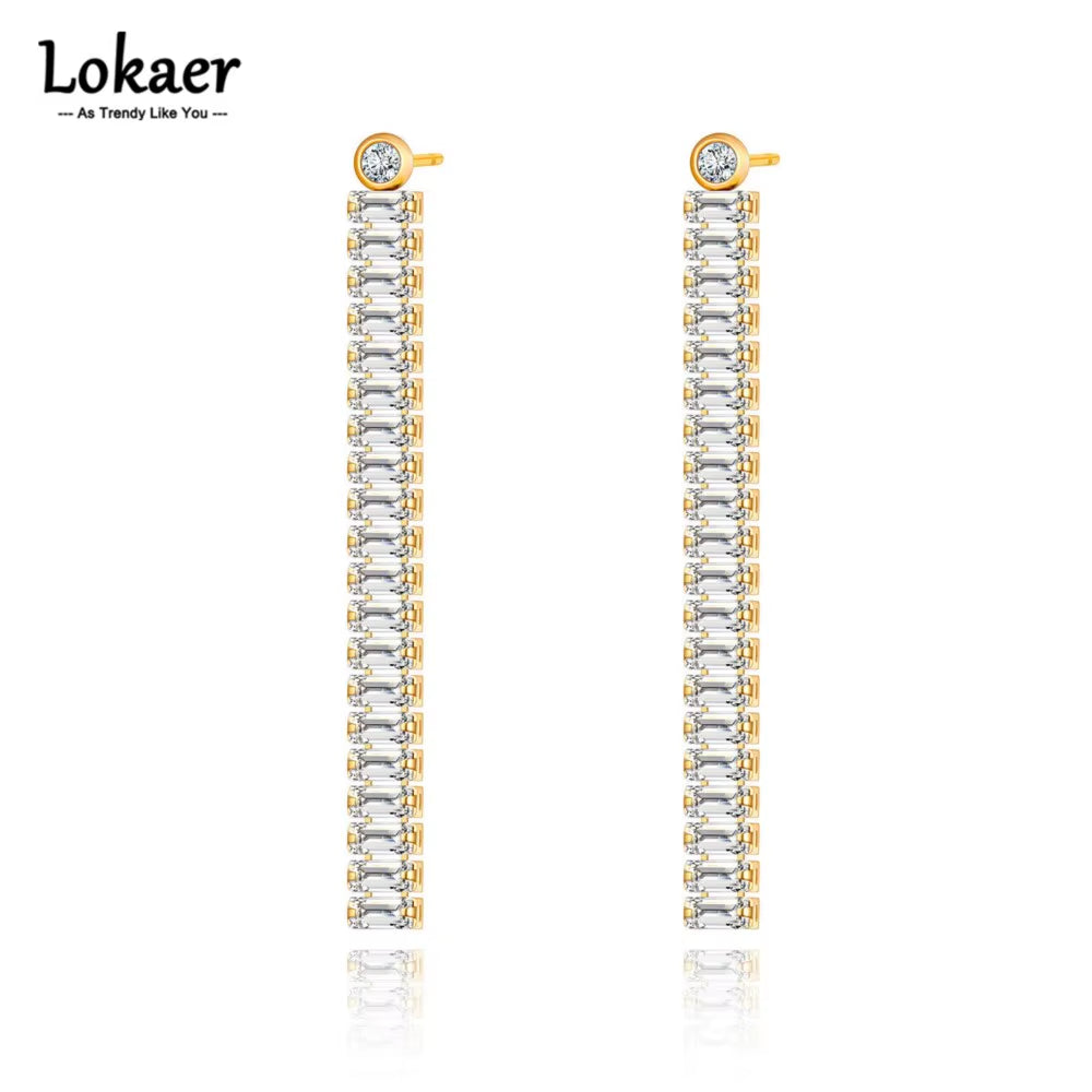 Sparkling Cubic Zirconia Crystal Party Earrings Jewelry for Women Stainless Steel Geometric Long Earrings Серьги E22123