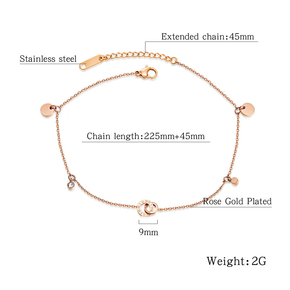 Titanium Steel Bohemia Beach Chain & Link Anklets for Women Girls Trendy CZ Crystal Roman Numerals Charm Anklet A19044