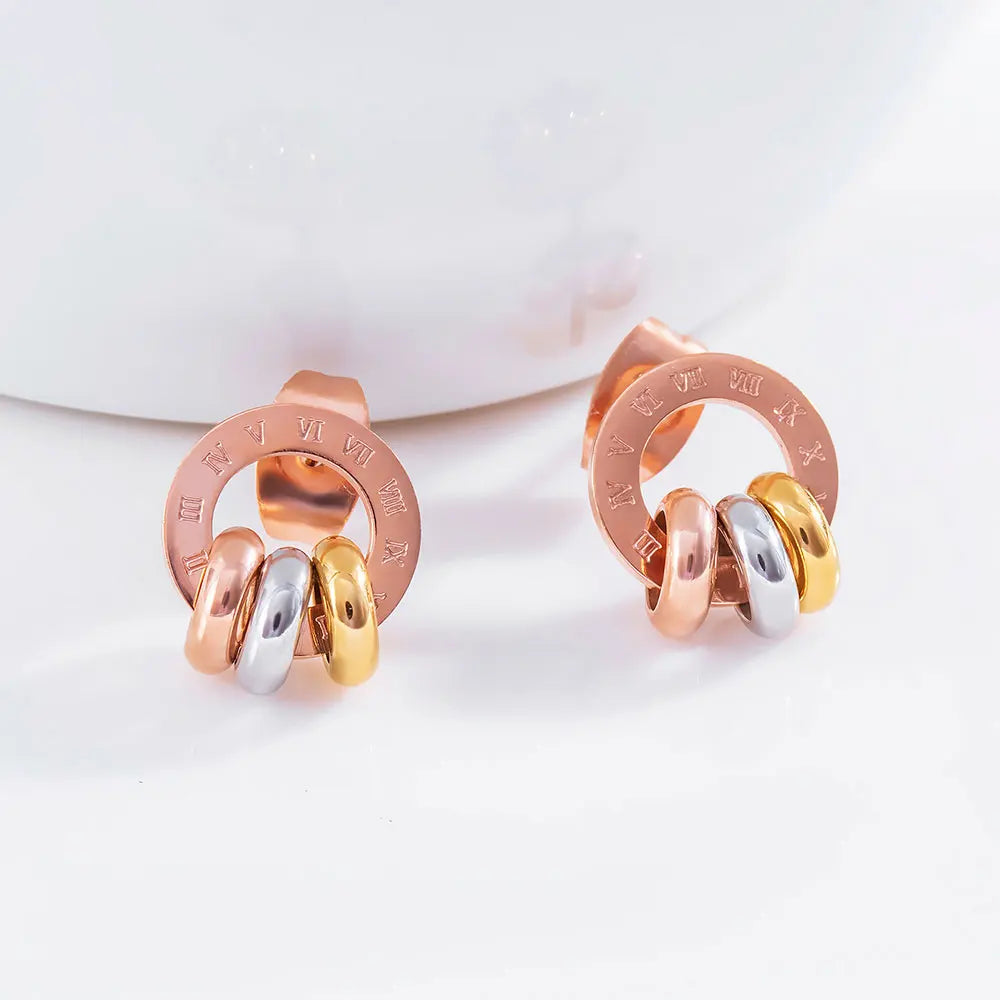Three-Color Circle Roman Numerals Circle Earrings for Women Titanium Steel Rose Gold Color Female Stud Earrings E17091