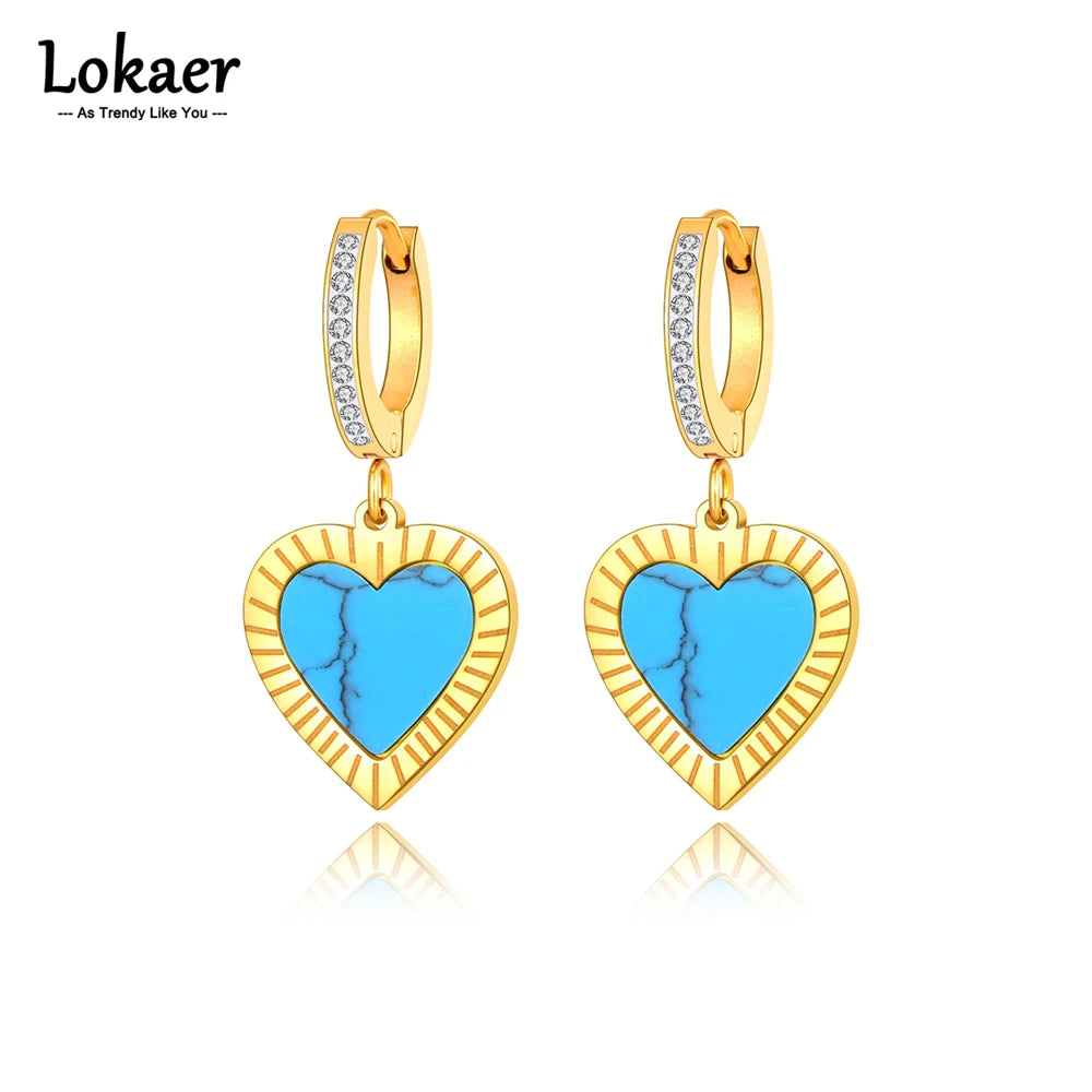 Trendy Titanium Stainless Steel Turquoise Heart Hoop Earring Classic Rhinestone Wedding Earrings Jewelry for Women E22065
