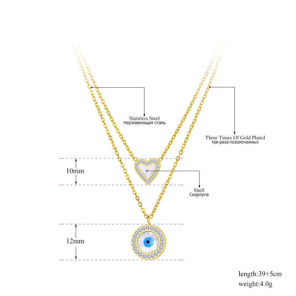 Titanium Stainless Steel Pendant Necklace Fashion Double Layer Heart Turkey Eye Charm Choker Necklace for Women N22062