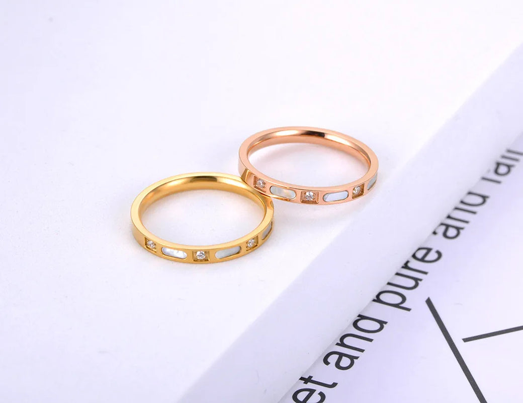 Titanium Stainless Steel Fine Brand White Shell Rings CZ Crystal Bridal Wedding Engagement Ring Jewelry for Women R20068