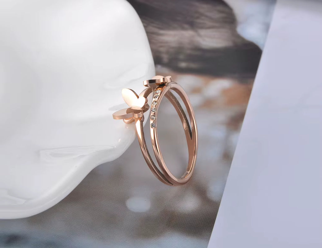 OL Design Stainless Steel Double Butterfly Ring Rose Gold Plated Micro Pave CZ Crystal Anniversary Rings for Women R19020