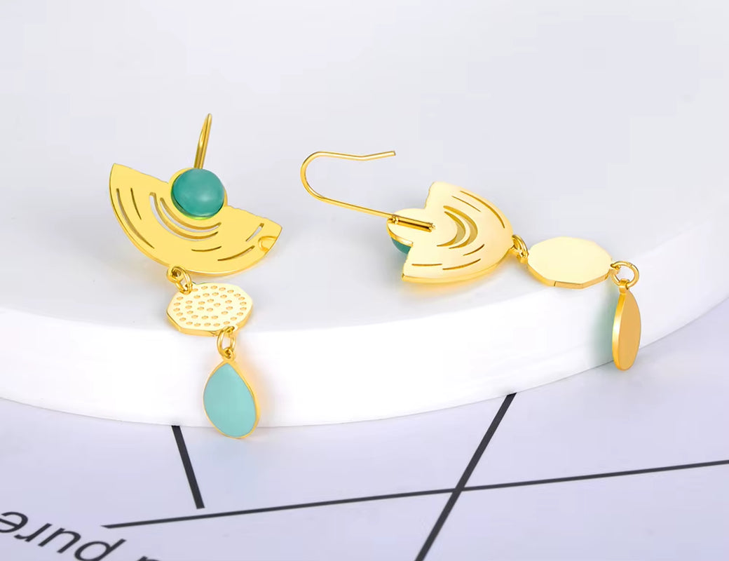 Vintage Stainless Steel Geometry Opals Dangle Earrings 18K Gold Plated Bohemia Party Earrings for Women Girls E22068