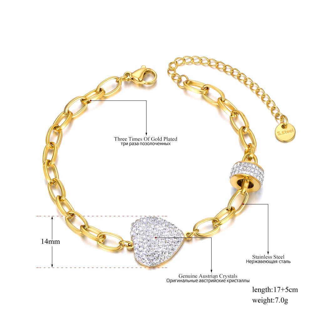 Sparkling White Rhinestone Heart Wedding Bracelets for Women Girls Stainless Steel Snake Chain Bracelet Браслеты B22105