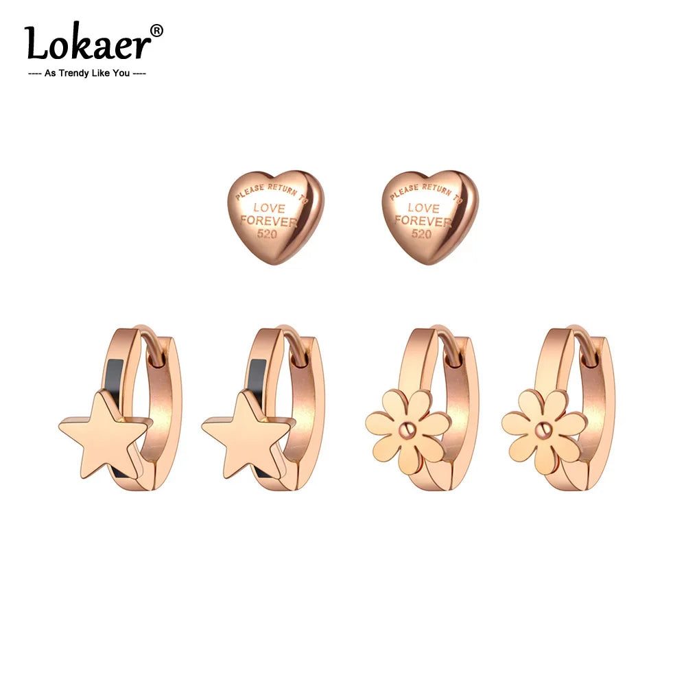 Trendy Titanium Stainless Steel Star Heart Flower Charm Earrings Jewelry 3Pair/Set Party Earrings for Women Girls E20222