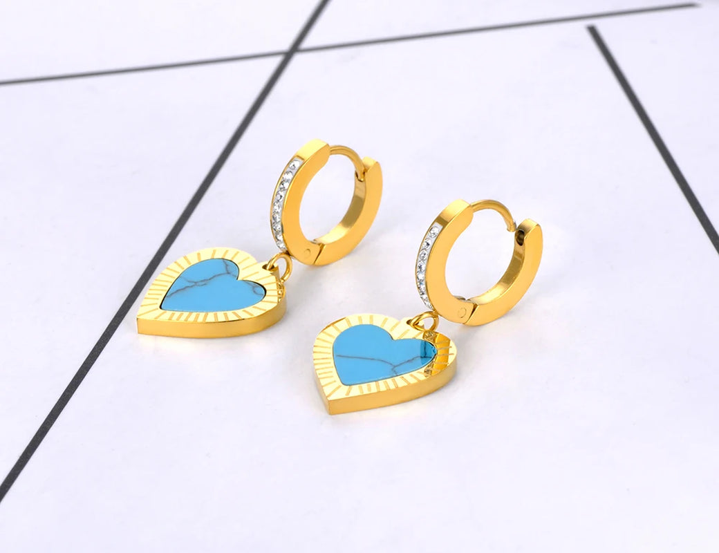 Trendy Titanium Stainless Steel Turquoise Heart Hoop Earring Classic Rhinestone Wedding Earrings Jewelry for Women E22065