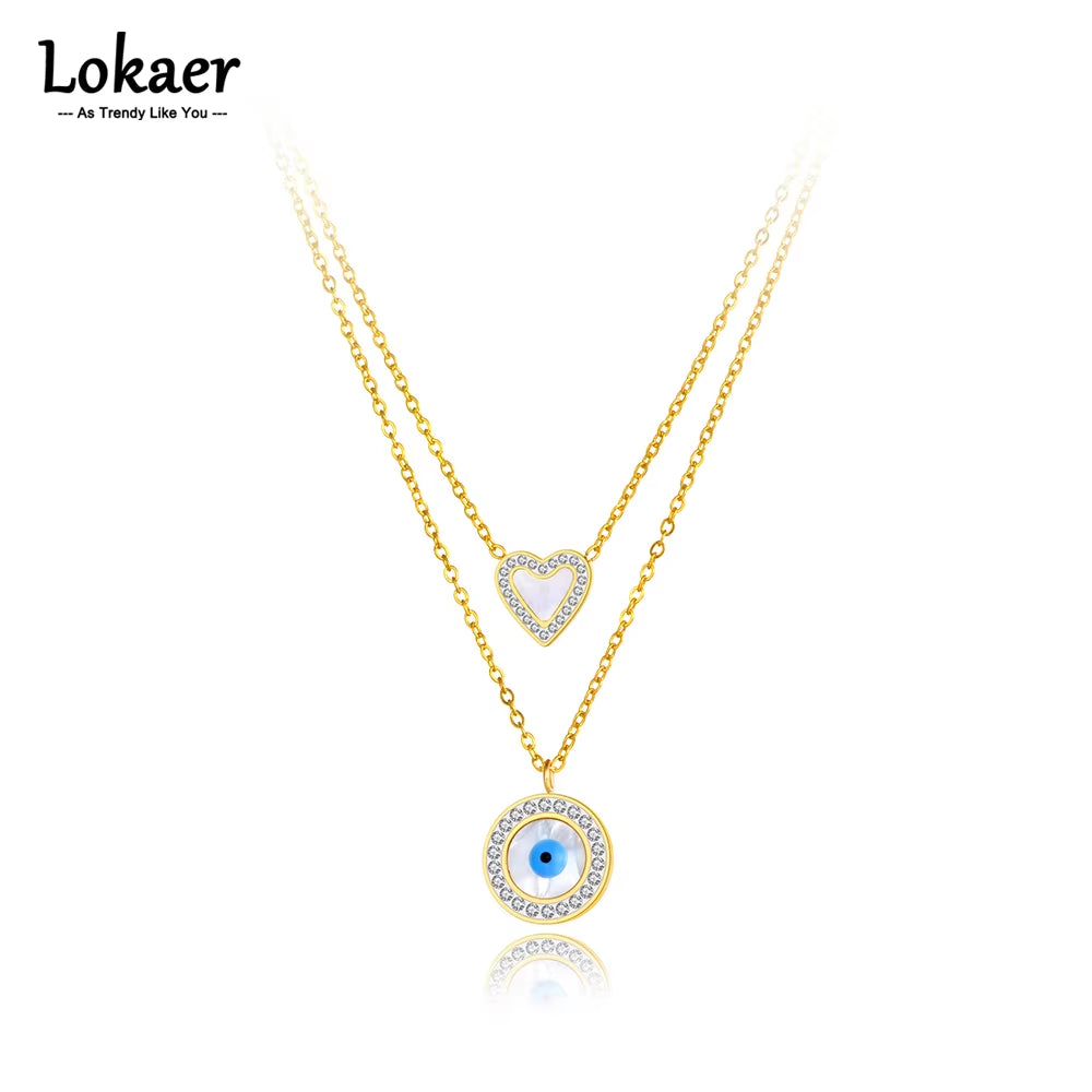 Titanium Stainless Steel Pendant Necklace Fashion Double Layer Heart Turkey Eye Charm Choker Necklace for Women N22062