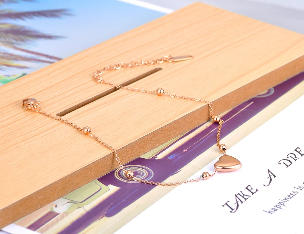Fashion Bohemia Titanium Stainless Steel Heart Charm Anklets for Women Summer Beach Leg Bracelet Foot Jewelry A21002