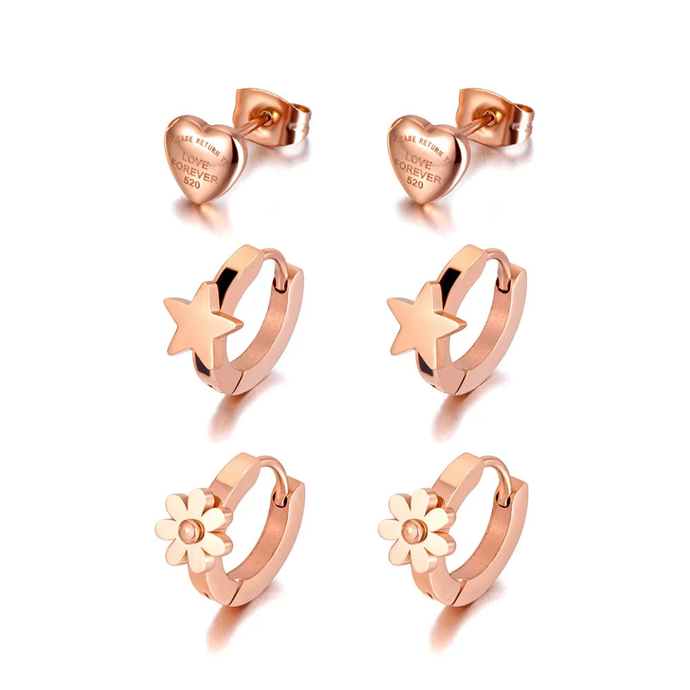 Trendy Titanium Stainless Steel Star Heart Flower Charm Earrings Jewelry 3Pair/Set Party Earrings for Women Girls E20222