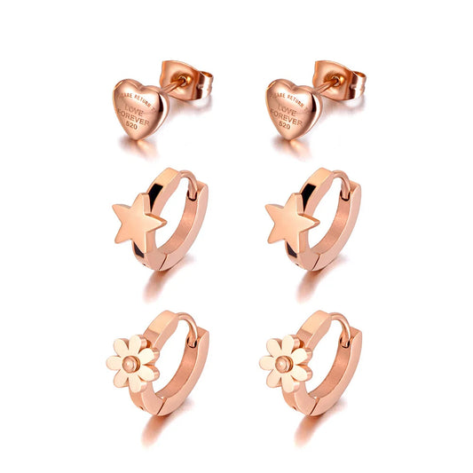 Trendy Titanium Stainless Steel Star Heart Flower Charm Earrings Jewelry 3Pair/Set Party Earrings for Women Girls E20222
