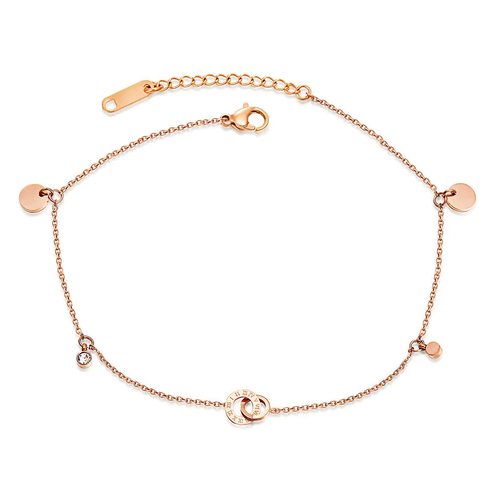 Titanium Steel Bohemia Beach Chain & Link Anklets for Women Girls Trendy CZ Crystal Roman Numerals Charm Anklet A19044