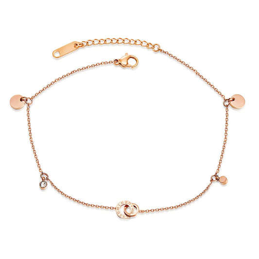 Titanium Steel Bohemia Beach Chain & Link Anklets for Women Girls Trendy CZ Crystal Roman Numerals Charm Anklet A19044