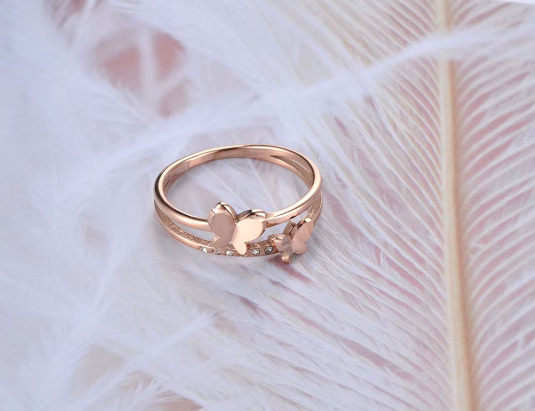 OL Design Stainless Steel Double Butterfly Ring Rose Gold Plated Micro Pave CZ Crystal Anniversary Rings for Women R19020