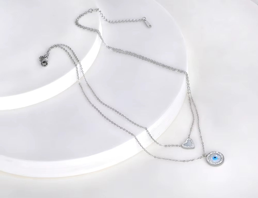 Titanium Stainless Steel Pendant Necklace Fashion Double Layer Heart Turkey Eye Charm Choker Necklace for Women N22062