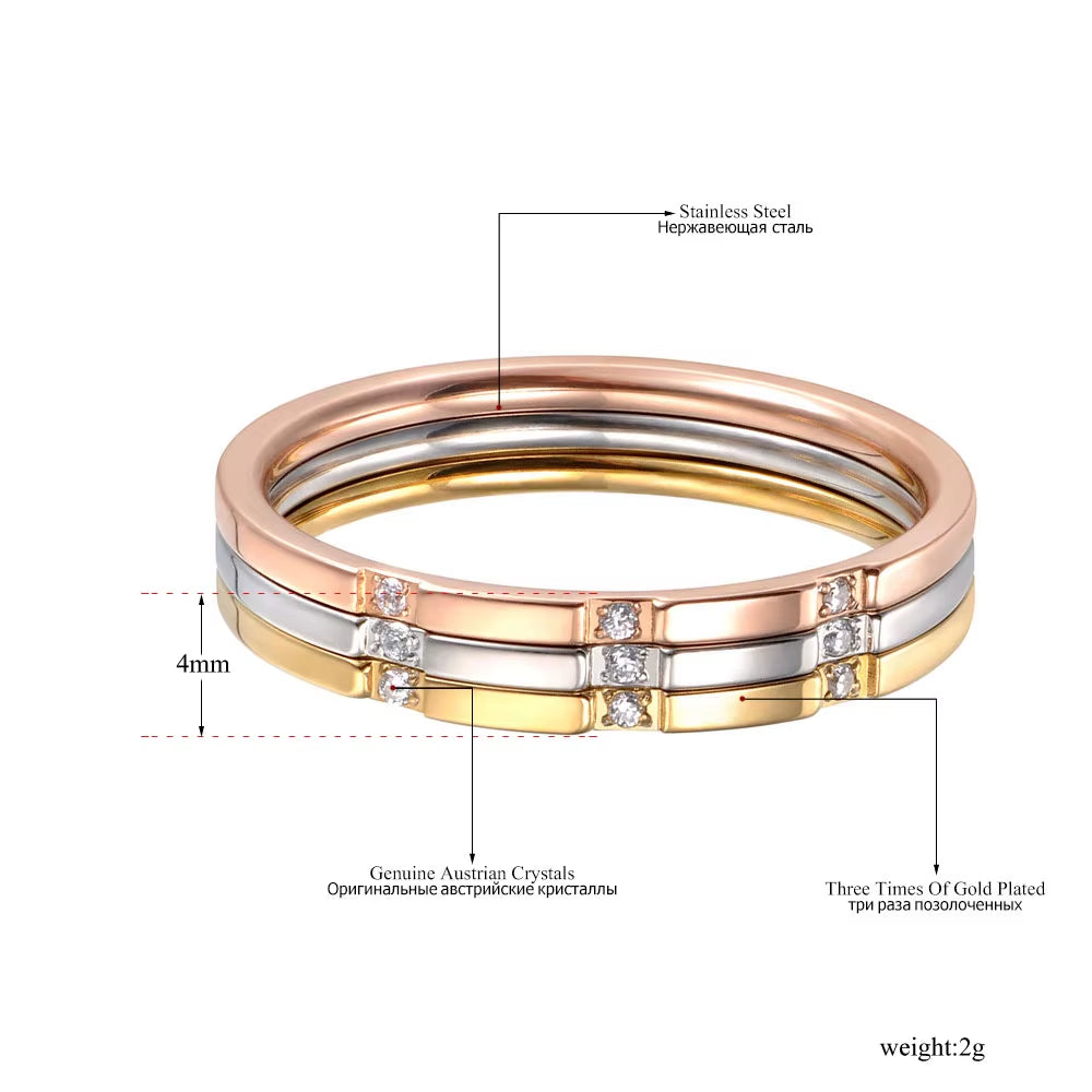 Trendy 3 in 1 Gold Color Mosaic CZ Crystal Rings Jewelry Titanium Steel Wedding Engagement Ring for Women Girls R19055
