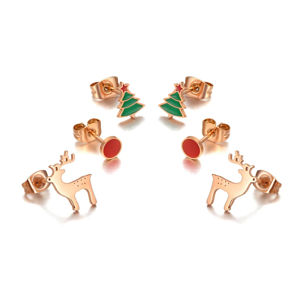 Trendy Titanium Stainless Steel Christmas Tree Reindeer Earrings 3Pair/Set CZ Crystal Earrings for Christmas Gifts E20163