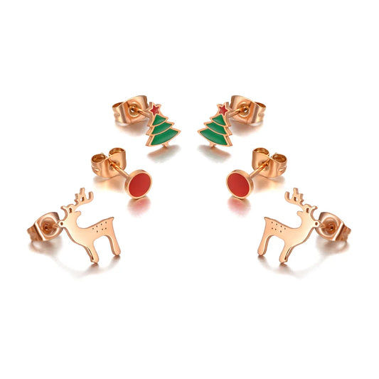 Trendy Titanium Stainless Steel Christmas Tree Reindeer Earrings 3Pair/Set CZ Crystal Earrings for Christmas Gifts E20163
