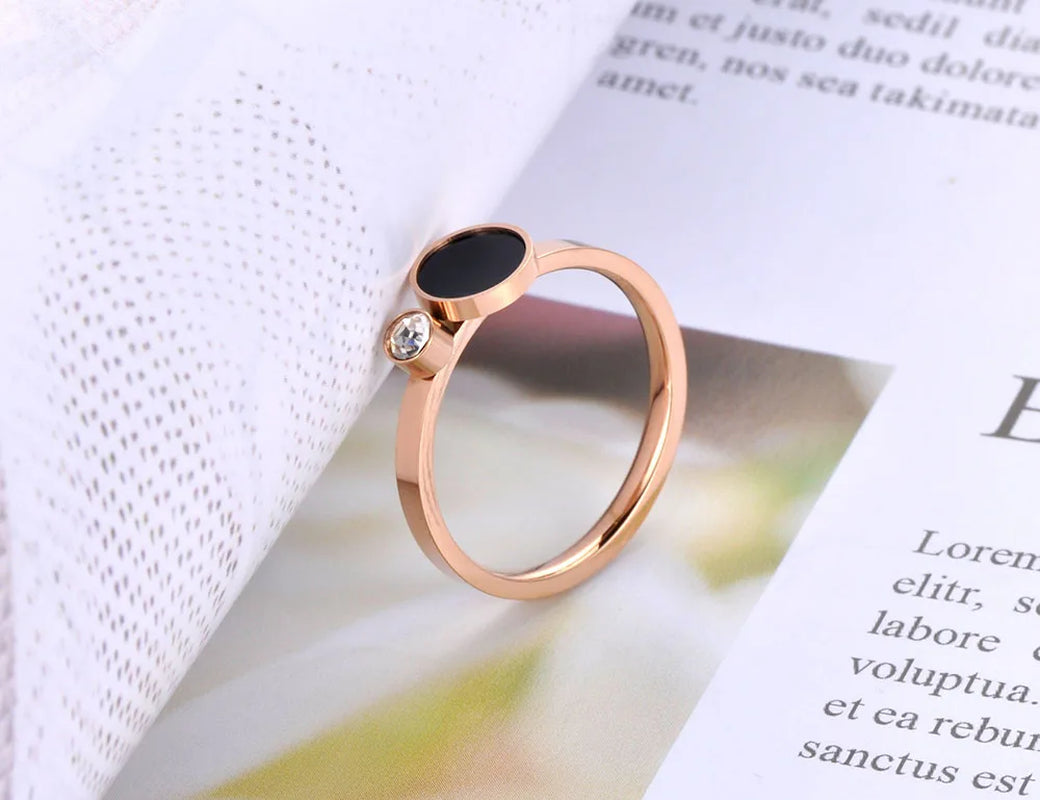 Trendy Titanium Stainless Steel Black Acrylic Rings for Women Girls Mosaic CZ Crystal Love Wedding Ring Jewelry R19078