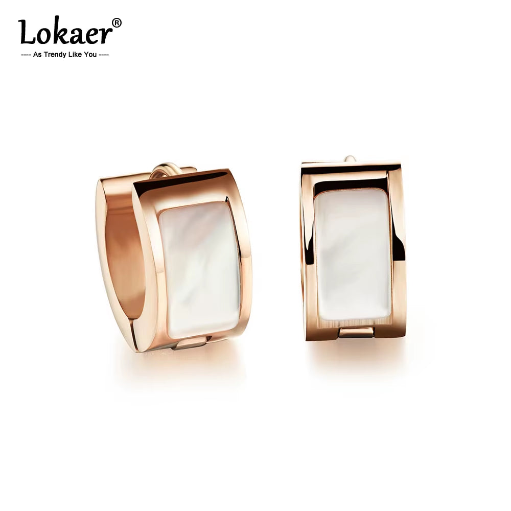 Trendy Hoop Earrings Classic Rose Gold Color 316L Stainless Steel with Shell Surface Earrings Women Girls Jewelry E17086