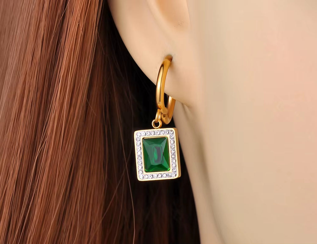 Titanium Stainless Steel Geometric Square Hoop Earrings Trendy Black Green Clear Cubic Zirconia Earrings for Women E22093