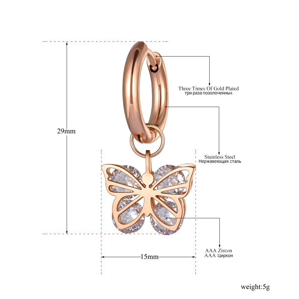 Original Design CZ Crystal Butterfly Hoop Earrings Stainless Steel Trendy Animal Earrings Jewelry for Women Girls E20127