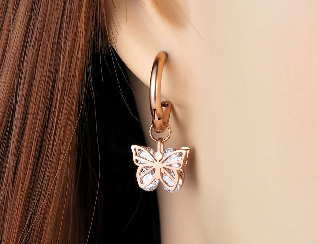 Original Design CZ Crystal Butterfly Hoop Earrings Stainless Steel Trendy Animal Earrings Jewelry for Women Girls E20127