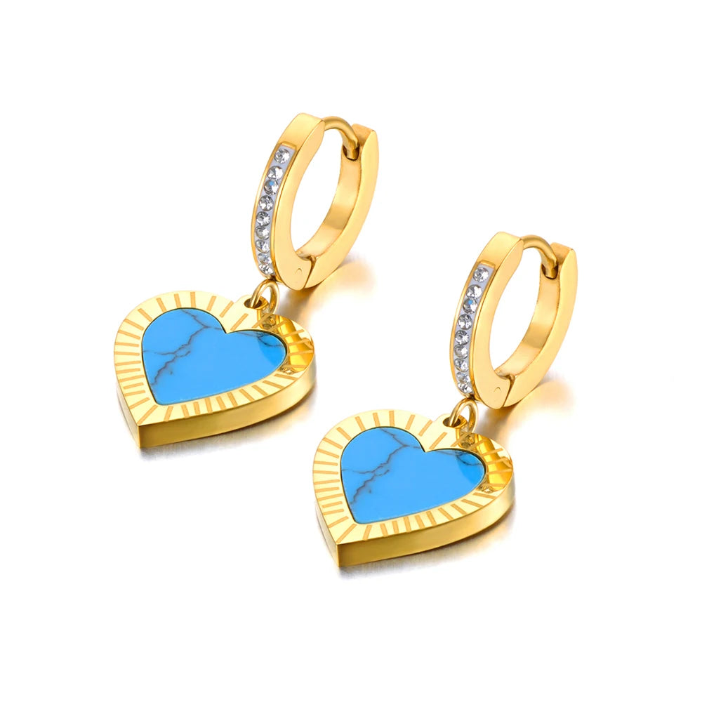 Trendy Titanium Stainless Steel Turquoise Heart Hoop Earring Classic Rhinestone Wedding Earrings Jewelry for Women E22065